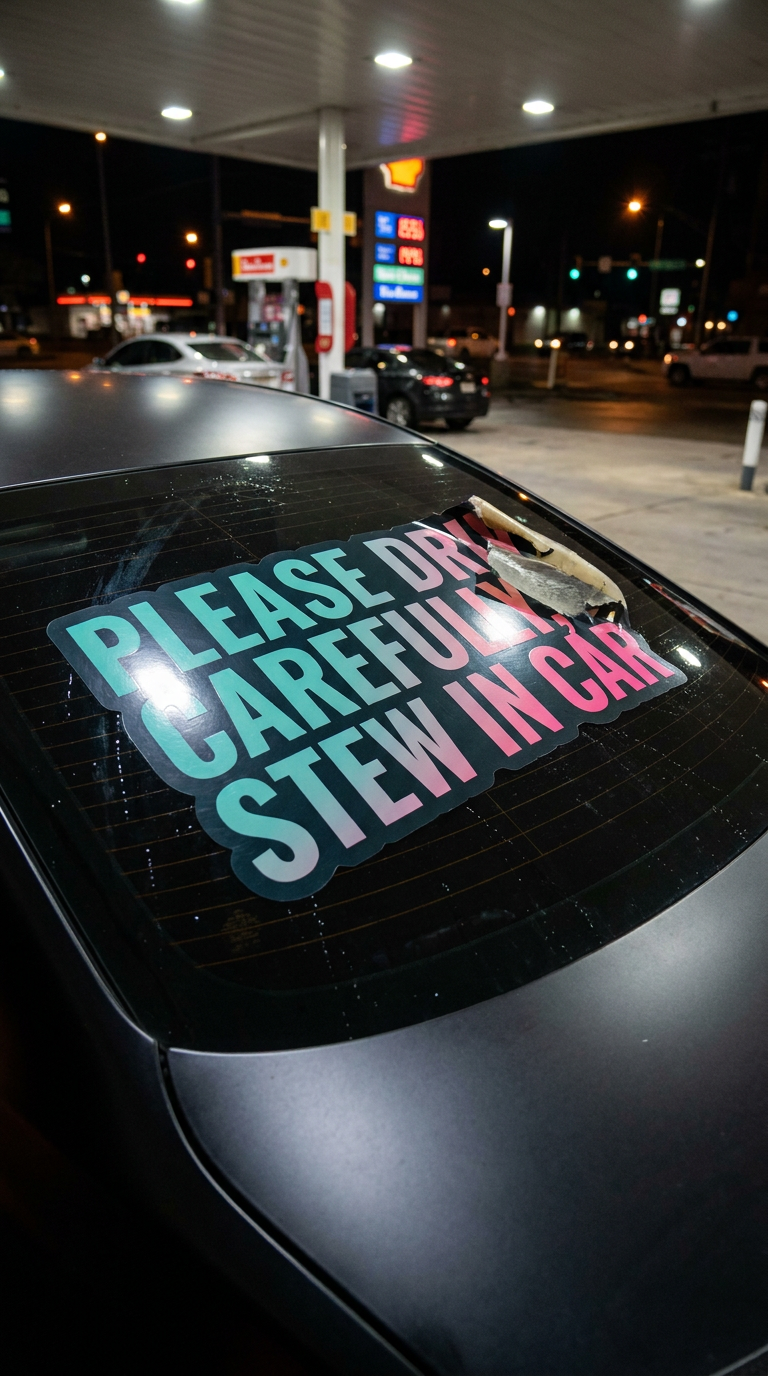 PLEASE DRIVE CAREFULLY, STEW IN CAR